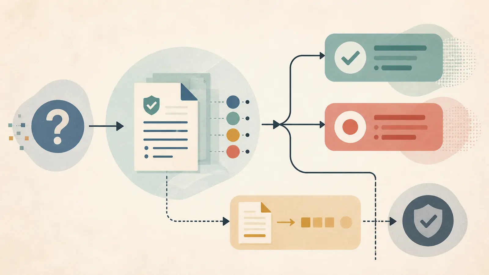 Workflow from an internal policy question through grounded retrieval, abstention, and optional human-approved drafting