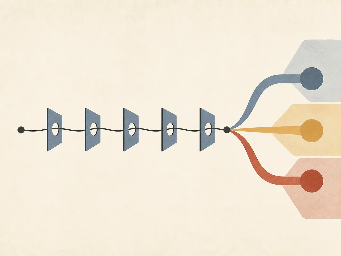 Five connected checkpoints representing source, complexity, outcome, permission, and evaluation in an architecture decision