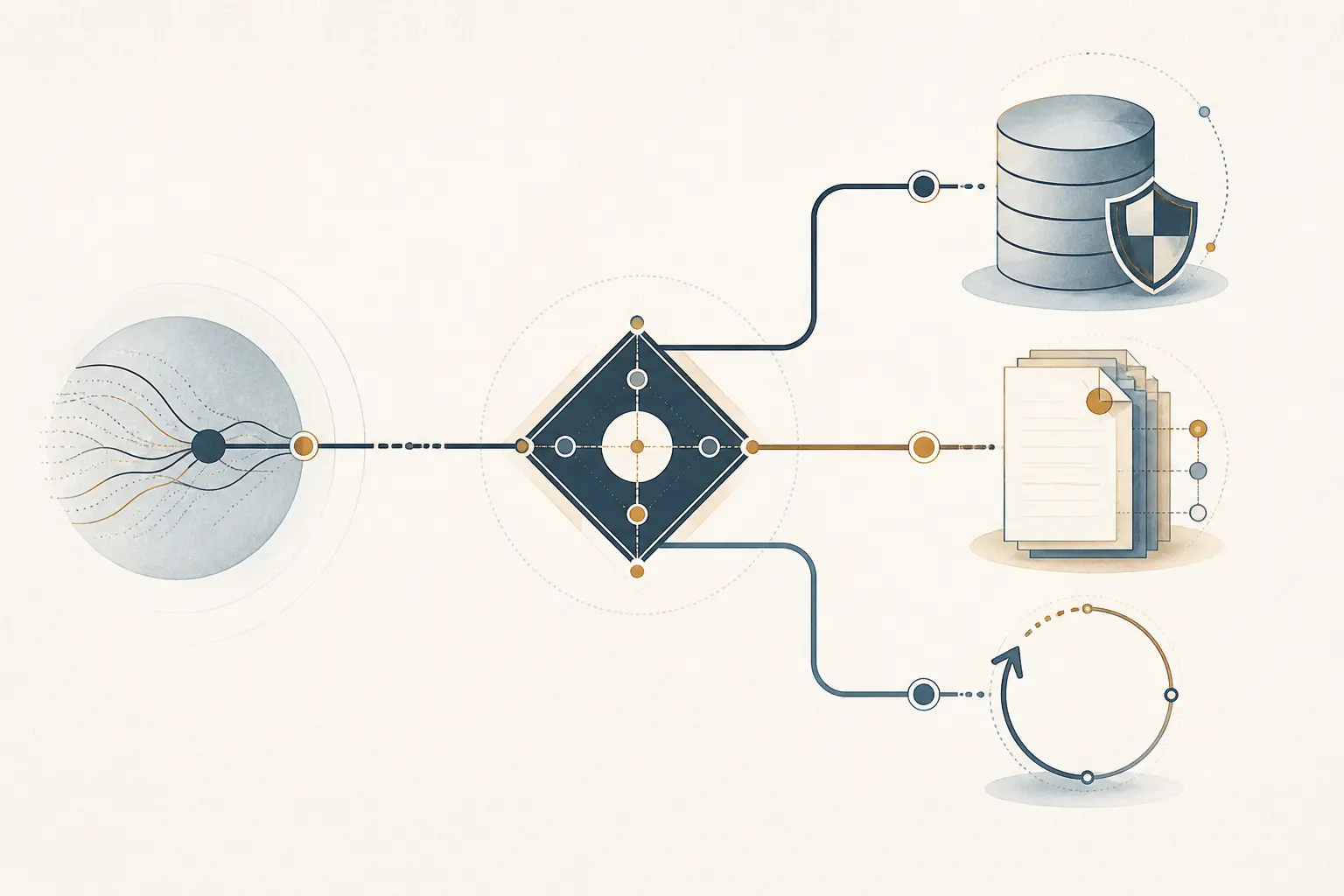 Illustration of a governed internal business assistant routing questions between SQL, RAG, and clarification
