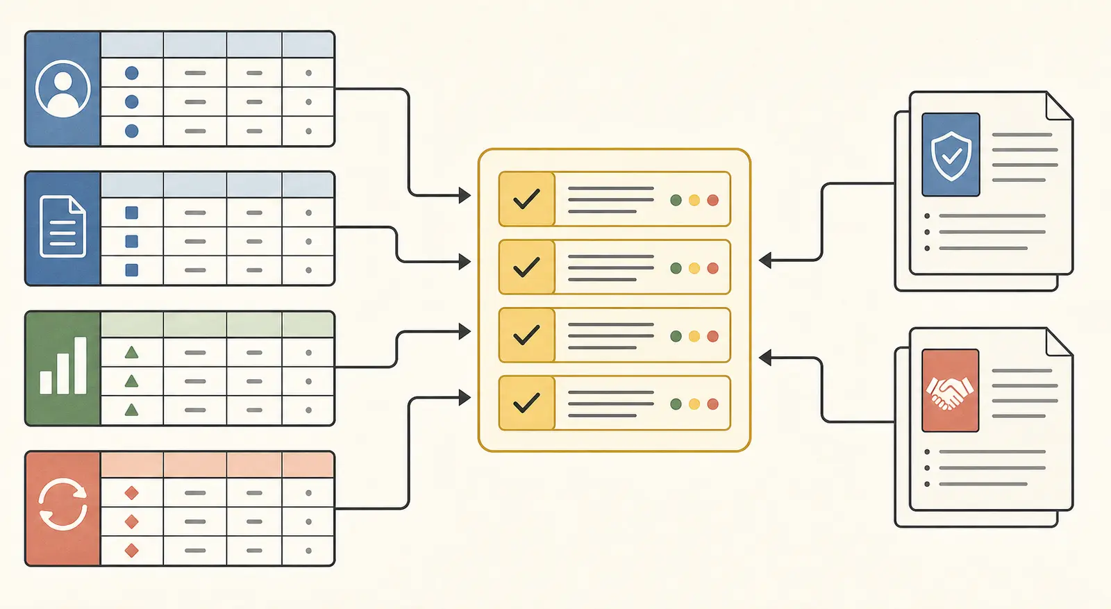 Illustration of a synthetic business benchmark fixture combining Postgres-shaped tables and policy documents