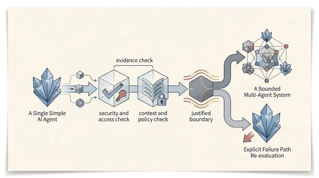 Decision map showing a workflow staying with one AI agent unless evidence justifies a split