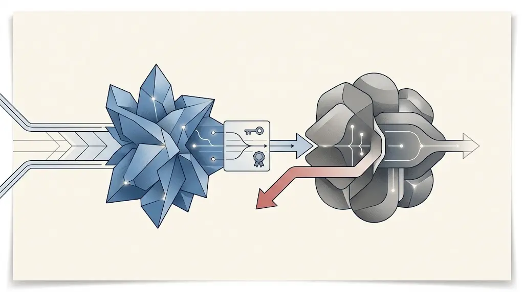 Conceptual illustration of specialized AI agents exchanging a bounded verifiable artifact