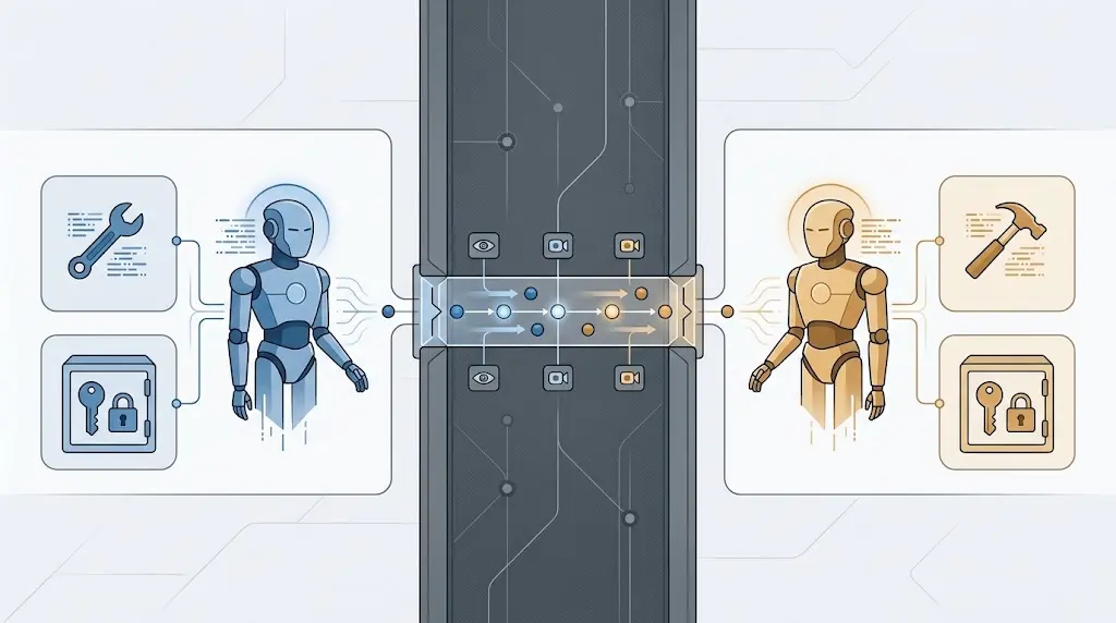 Conceptual diagram of two AI agents separated by least-privilege and approval boundaries
