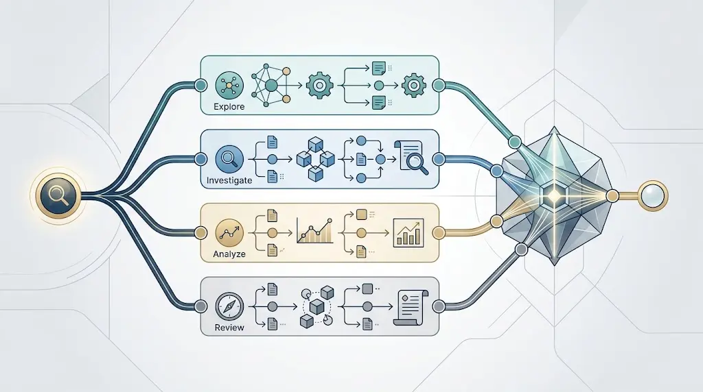 Conceptual diagram of independent AI agent branches running in parallel before synthesis