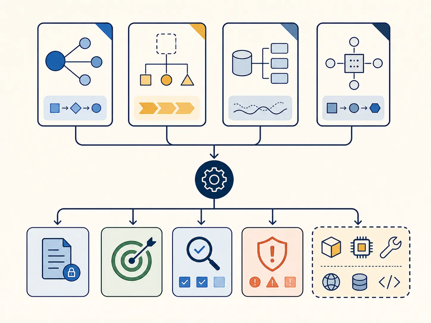 Illustration of AI workflow cases connected to inputs, criteria, checks, and tool boundaries