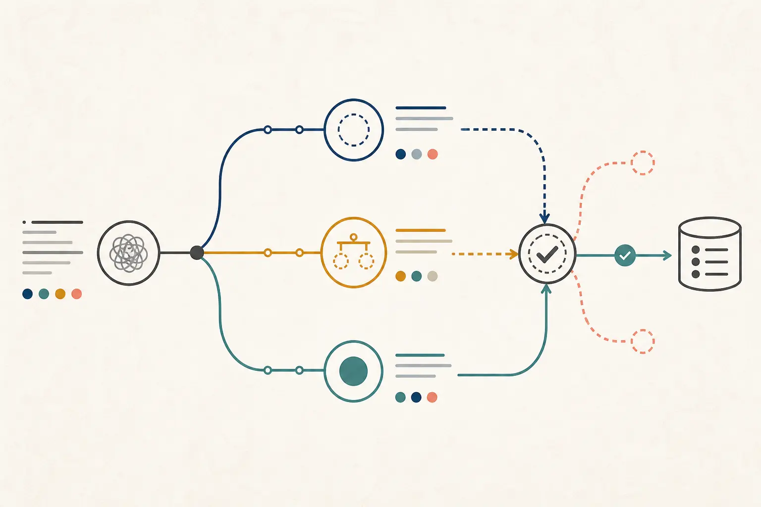 Illustration of a meeting decision log splitting a polished recap into verified decision, unresolved question, and blocked task handoff