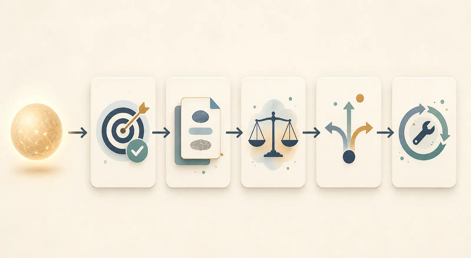 Illustration of an AI output moving through source verification, uncertainty handling, human action, and recovery checkpoints