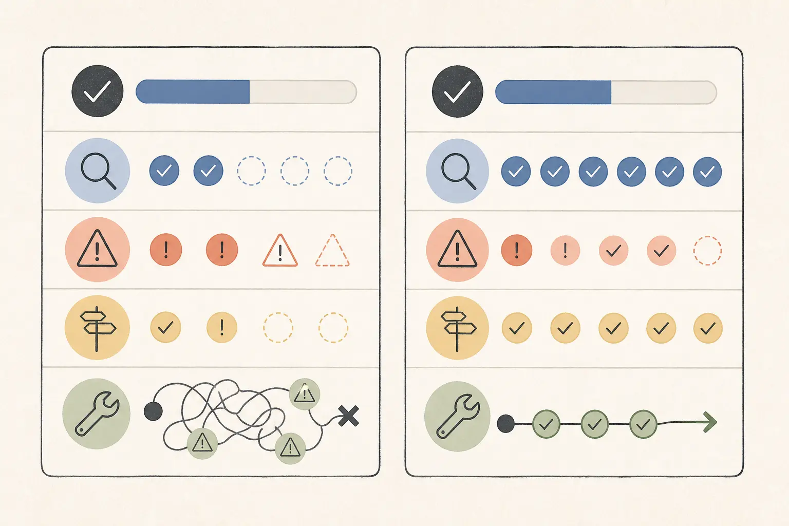 Illustration of two evaluation scorecards with equal answer accuracy and different evidence, safety, actionability, and repair results