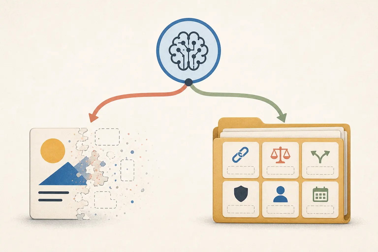 Illustration of a product review packet separating evidence, contrary evidence, and human approval