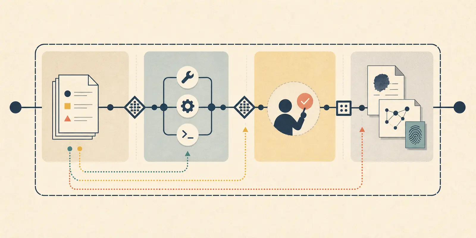 Illustration of a policy-changing workflow moving from review to enforcement and observed runtime evidence