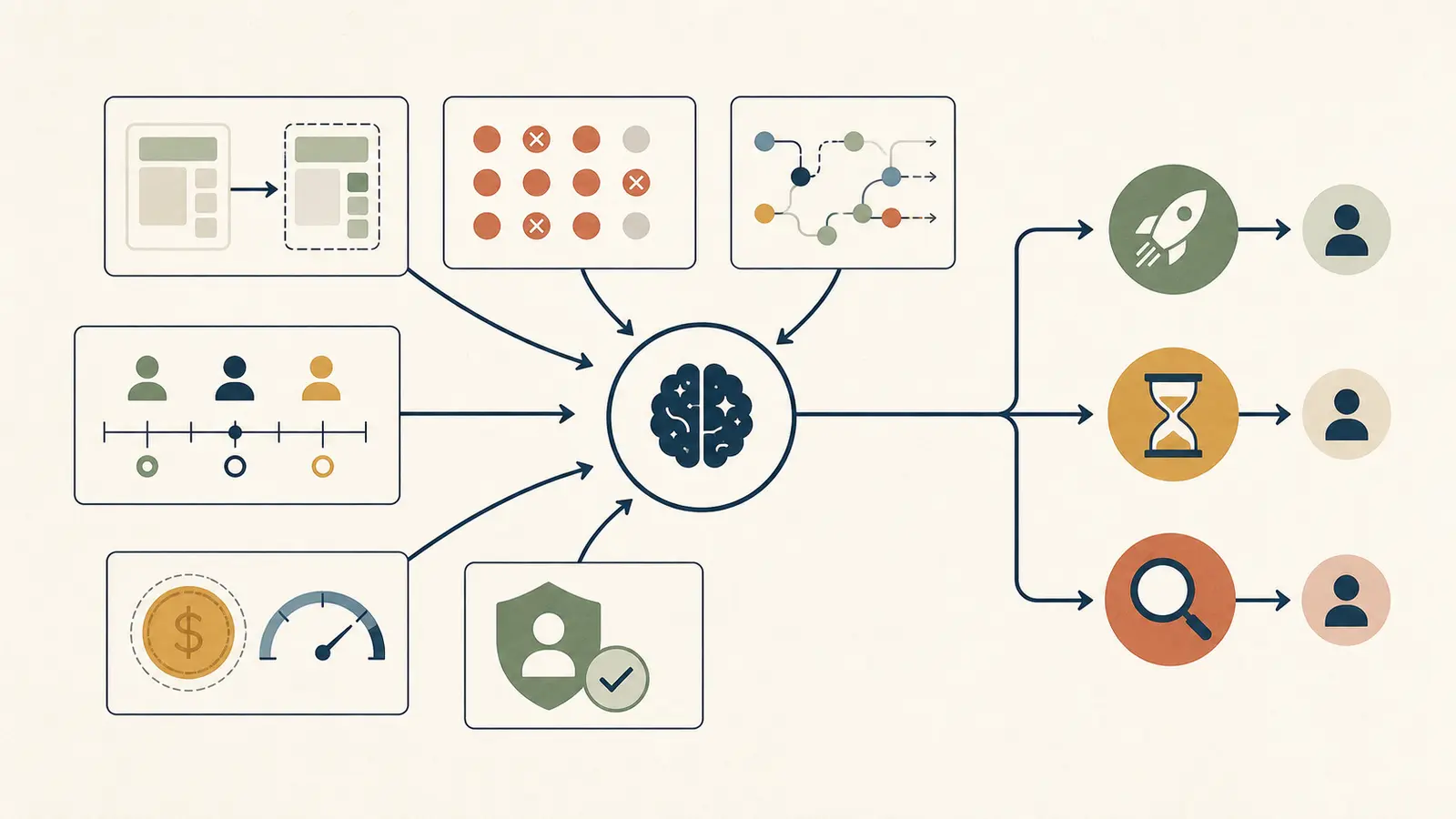 Illustration of a weekly AI evaluation packet connecting a changed prompt, regression cases, a production trace, human review, operating notes, and a hold decision