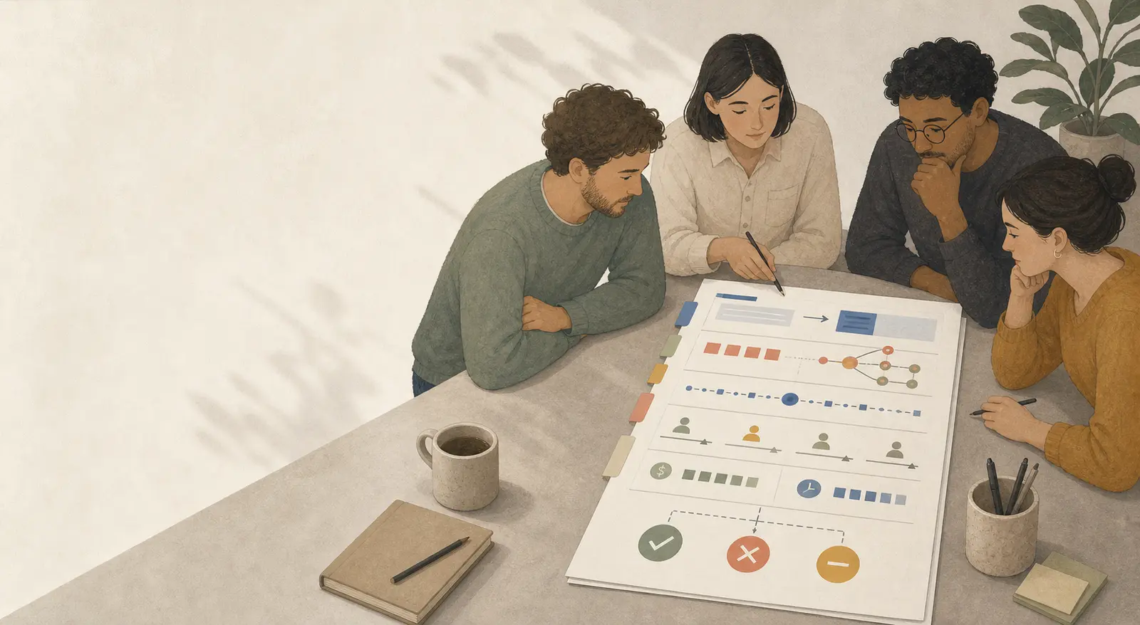 Illustration of an AI product team reviewing one weekly evaluation packet and choosing ship, hold, or follow-up