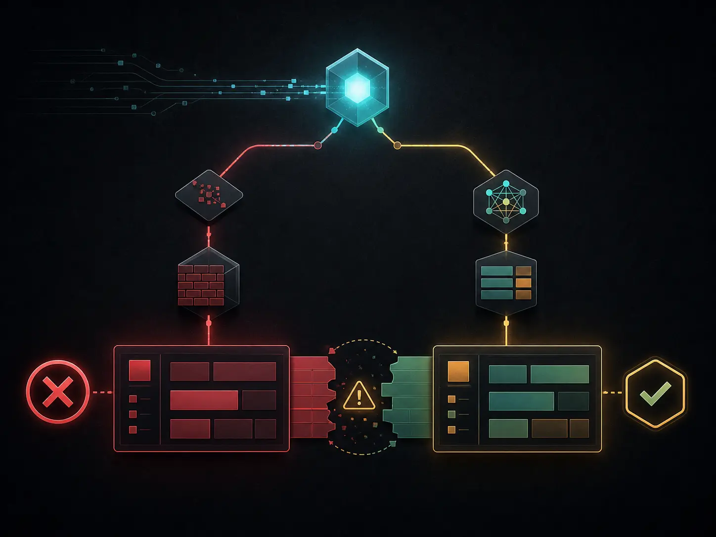Illustration of a contract pass splitting into a semantic failure and an authorization veto