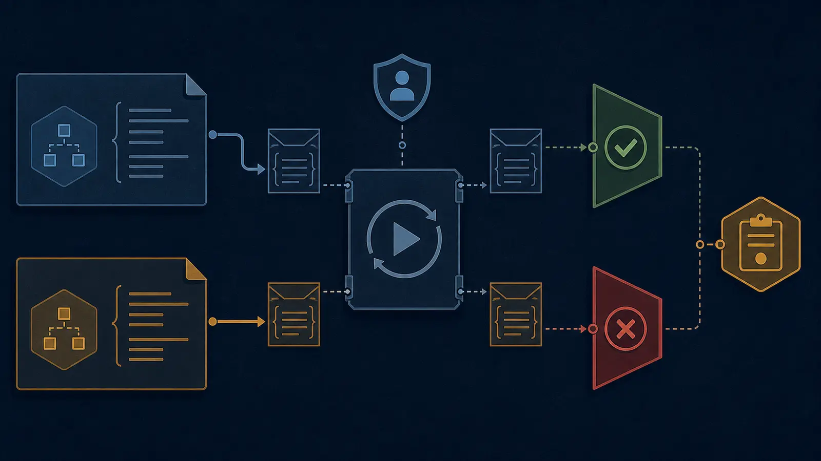 Illustration of a legacy API migration candidate passing a contract gate and failing an outcome gate