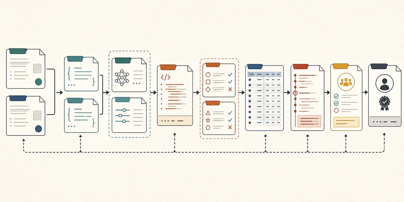 Illustration of a legacy API migration evidence packet flowing from contracts to replay results