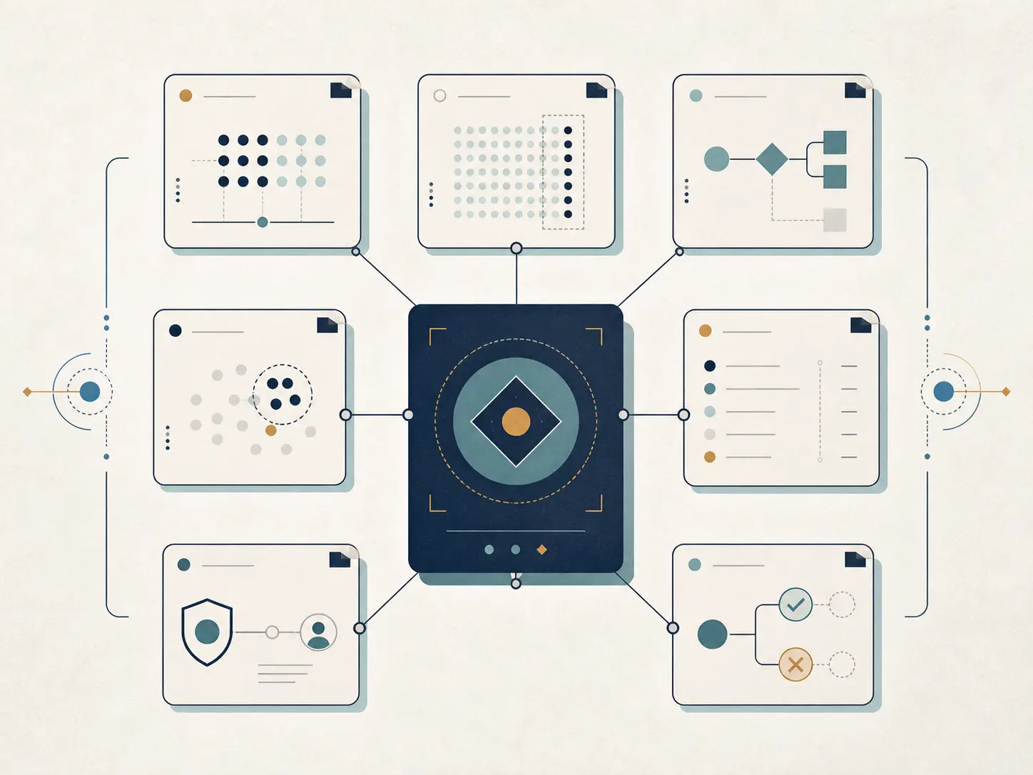Illustration of an AI engagement claim connected to its baseline, failure slice, cost record, owner, and decision