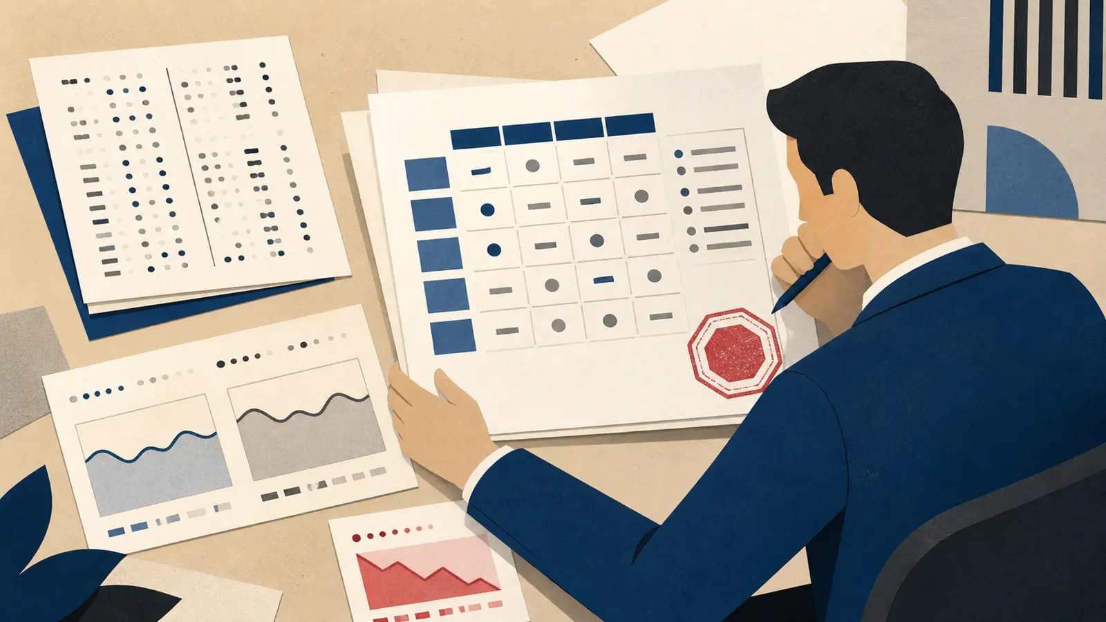 Illustration of a buyer reviewing an AI engagement evidence pack before approving the next phase