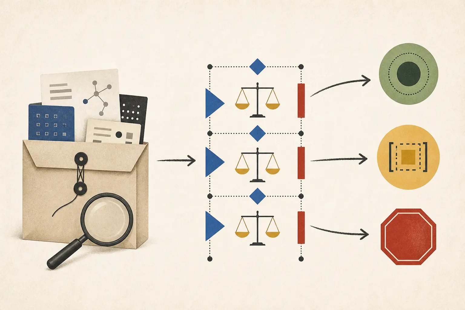 Illustration of an evidence packet connected to go, narrow, and stop release outcomes