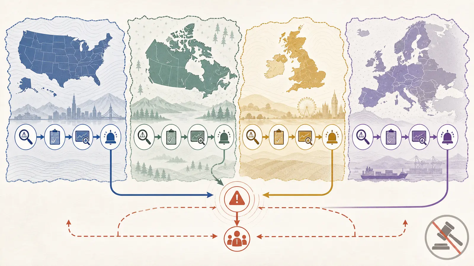 Illustration of jurisdictional evidence lanes for U.S., Canadian, UK, and EU vendor onboarding decisions