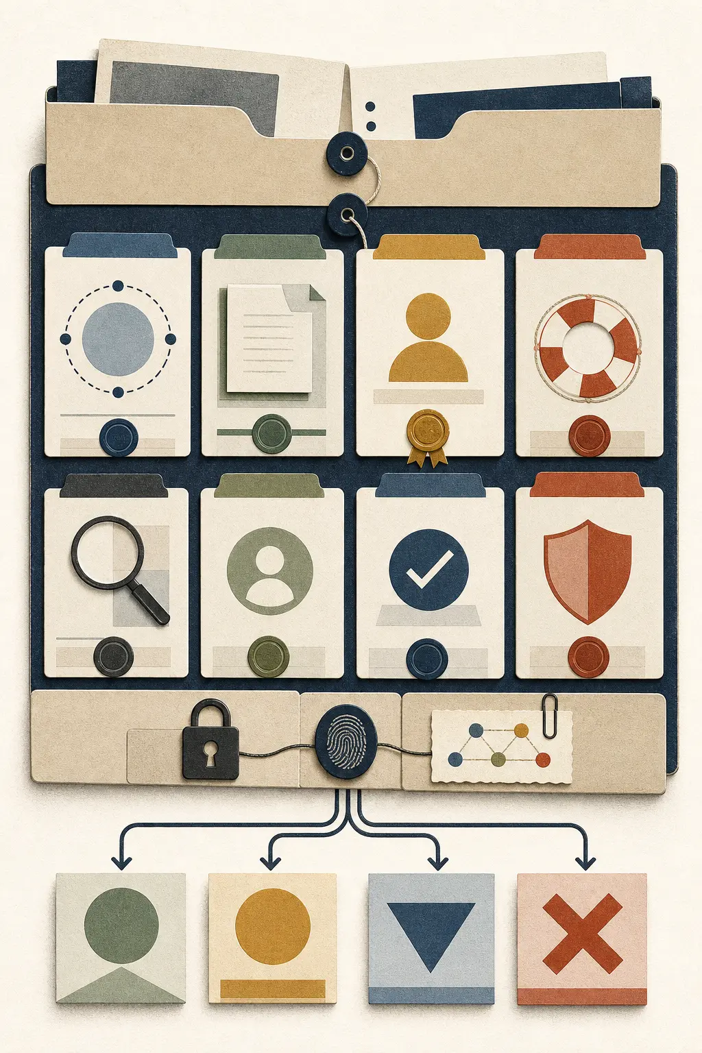 Illustration of a buyer-ready evidence packet with named owners, acceptance criteria, and veto conditions beside an MCP or API decision