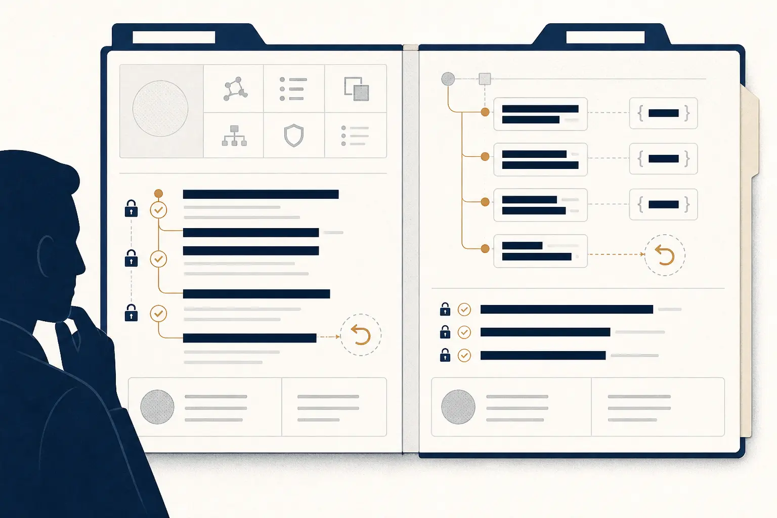 Illustration of a technical buyer comparing an MCP tool surface with an API contract using a redacted evidence packet