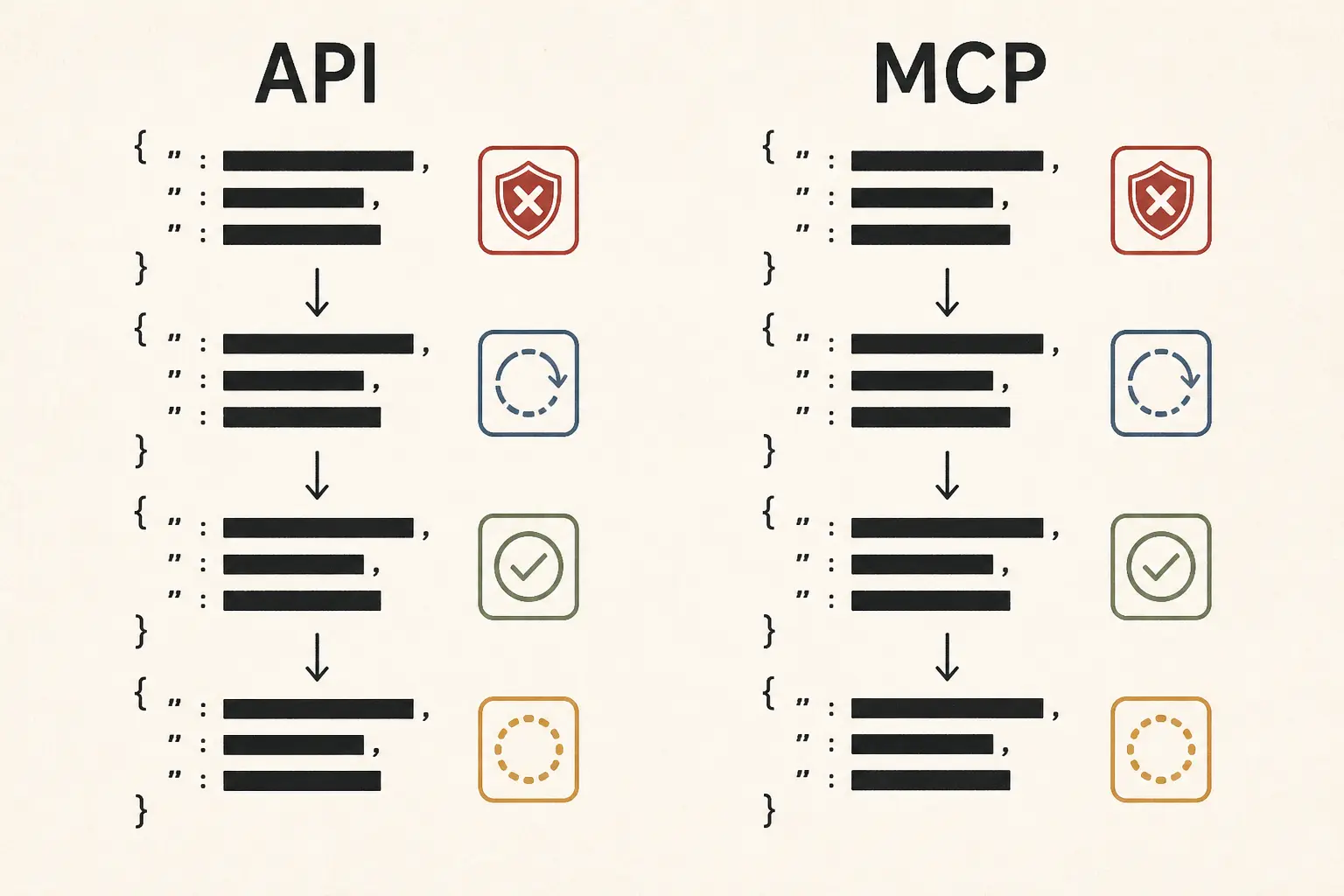 Illustration of a redacted API and MCP trace showing a permission denial, one retry, approval, and rollback