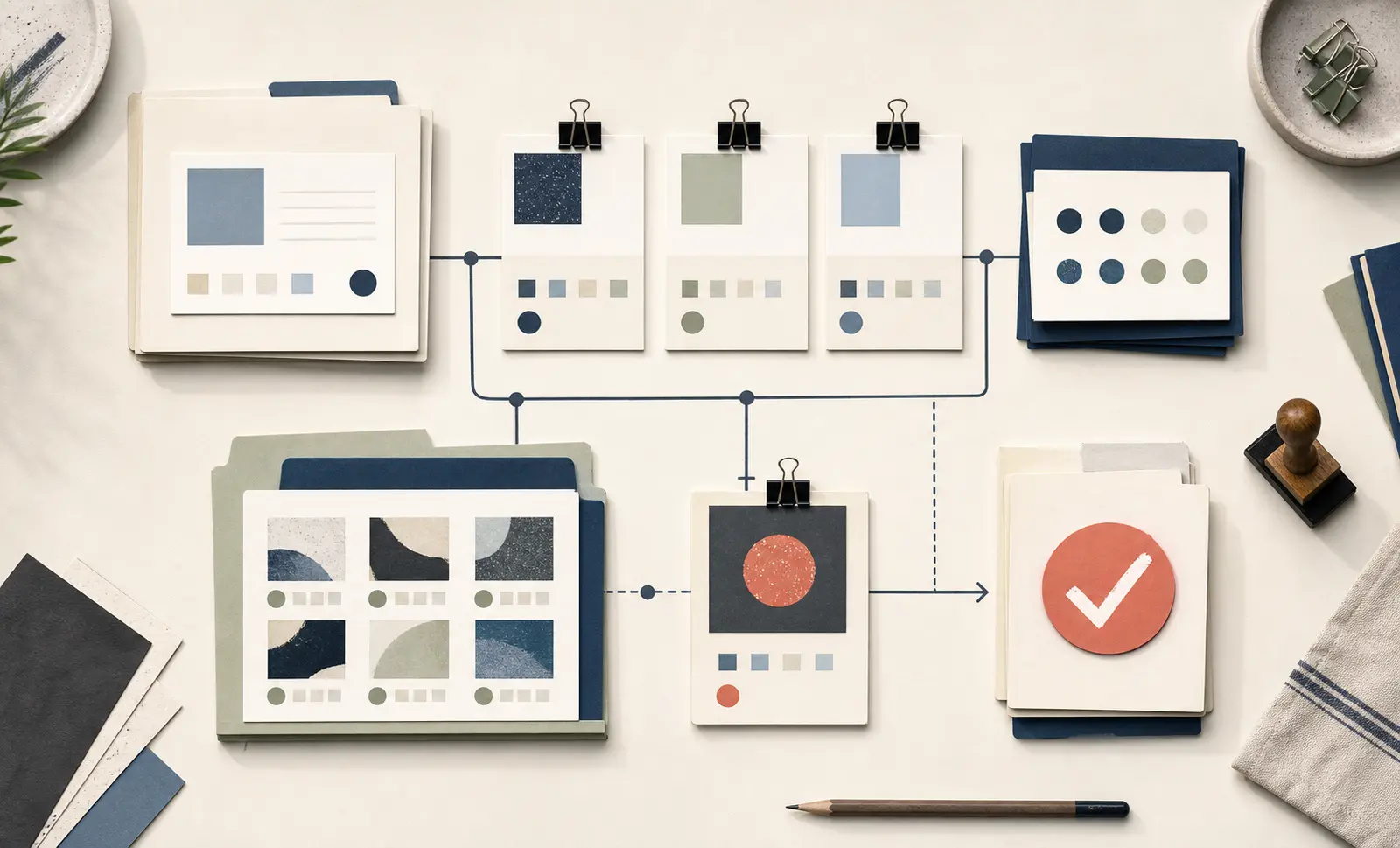 Illustration of an AI workflow evidence pack with a baseline, held-out cases, a preserved failure, and a revise decision