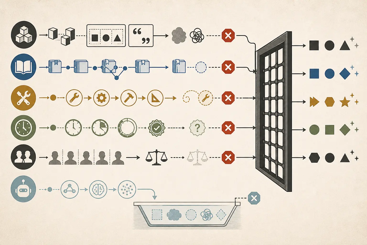 Illustration of evaluator lanes separating release gates from human triage