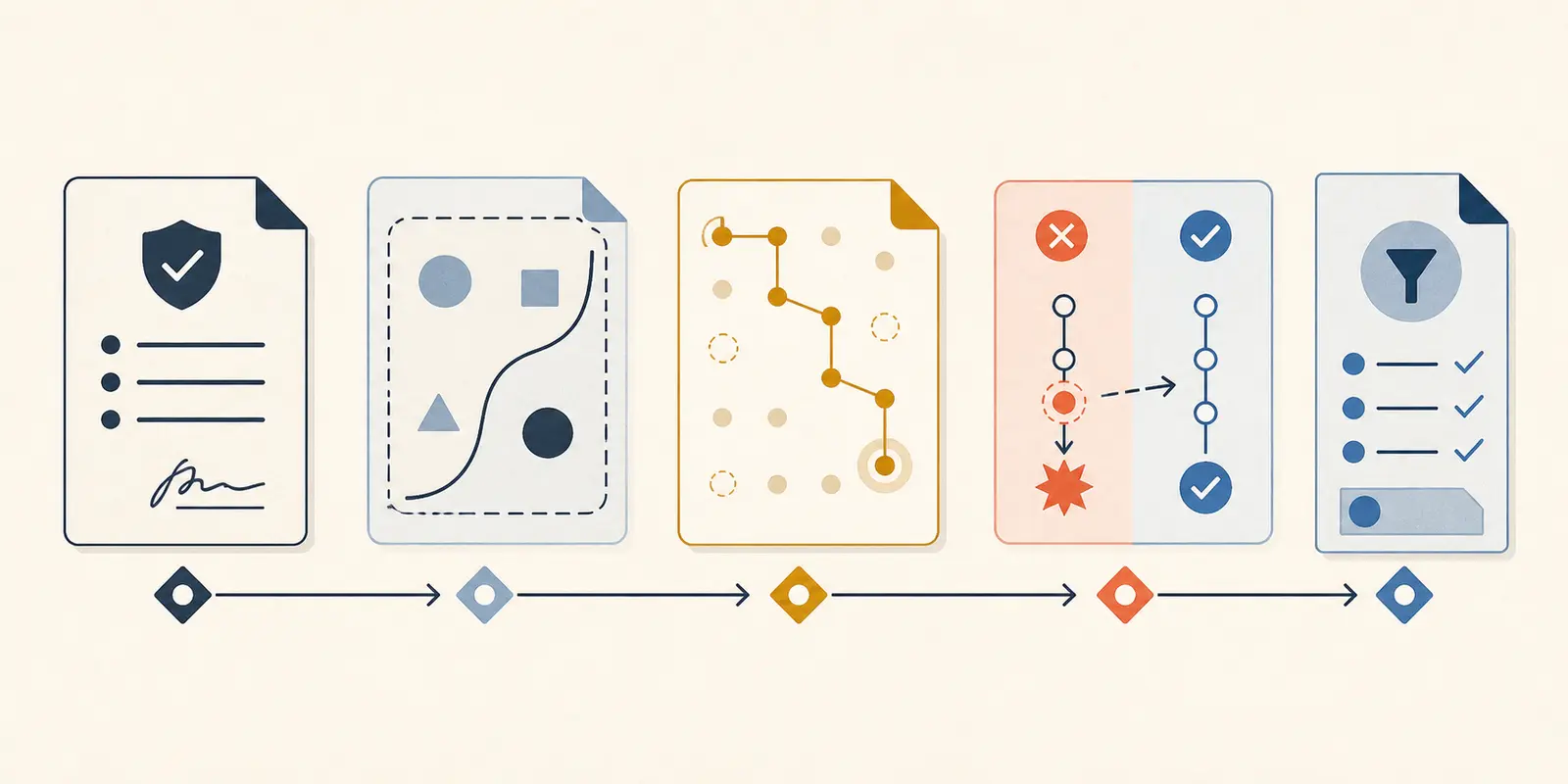 Illustration of a five-part AI implementation practice packet from workflow contract to release decision