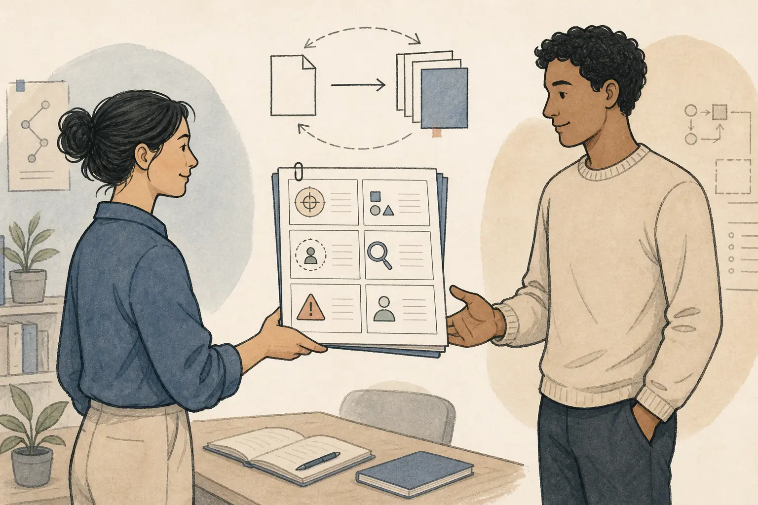 Illustration of a learner handing a versioned AI transfer packet to an unfamiliar teammate