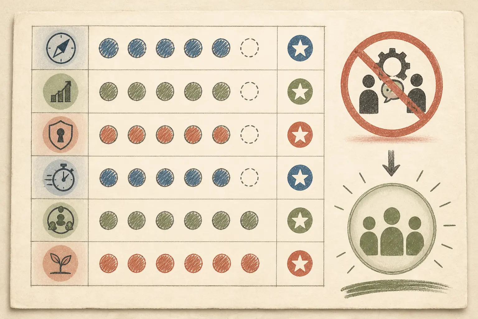 Illustration of a six-factor AI consulting decision worksheet with internal ownership scoring