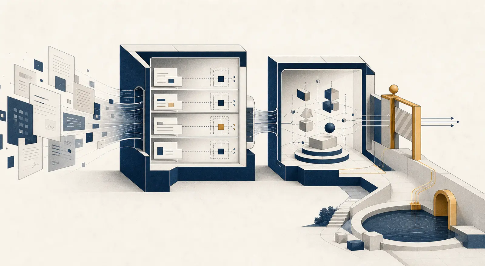 Illustration of an AI workflow separating extracted evidence from a policy-bound decision stage