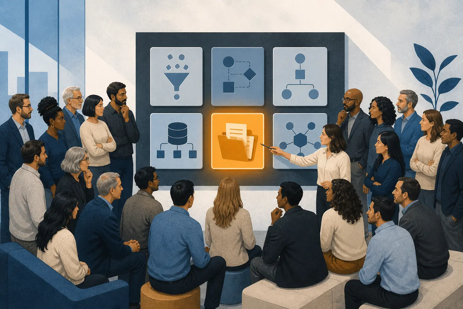 Illustration of a 20-person company choosing one AI opportunity from a weighted decision matrix