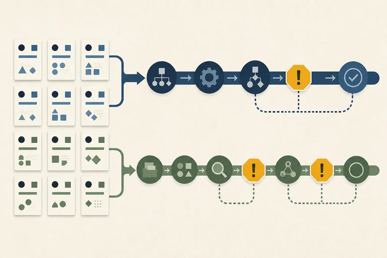 Illustration of a 12-case pricing exception replay with three hold boundaries highlighted