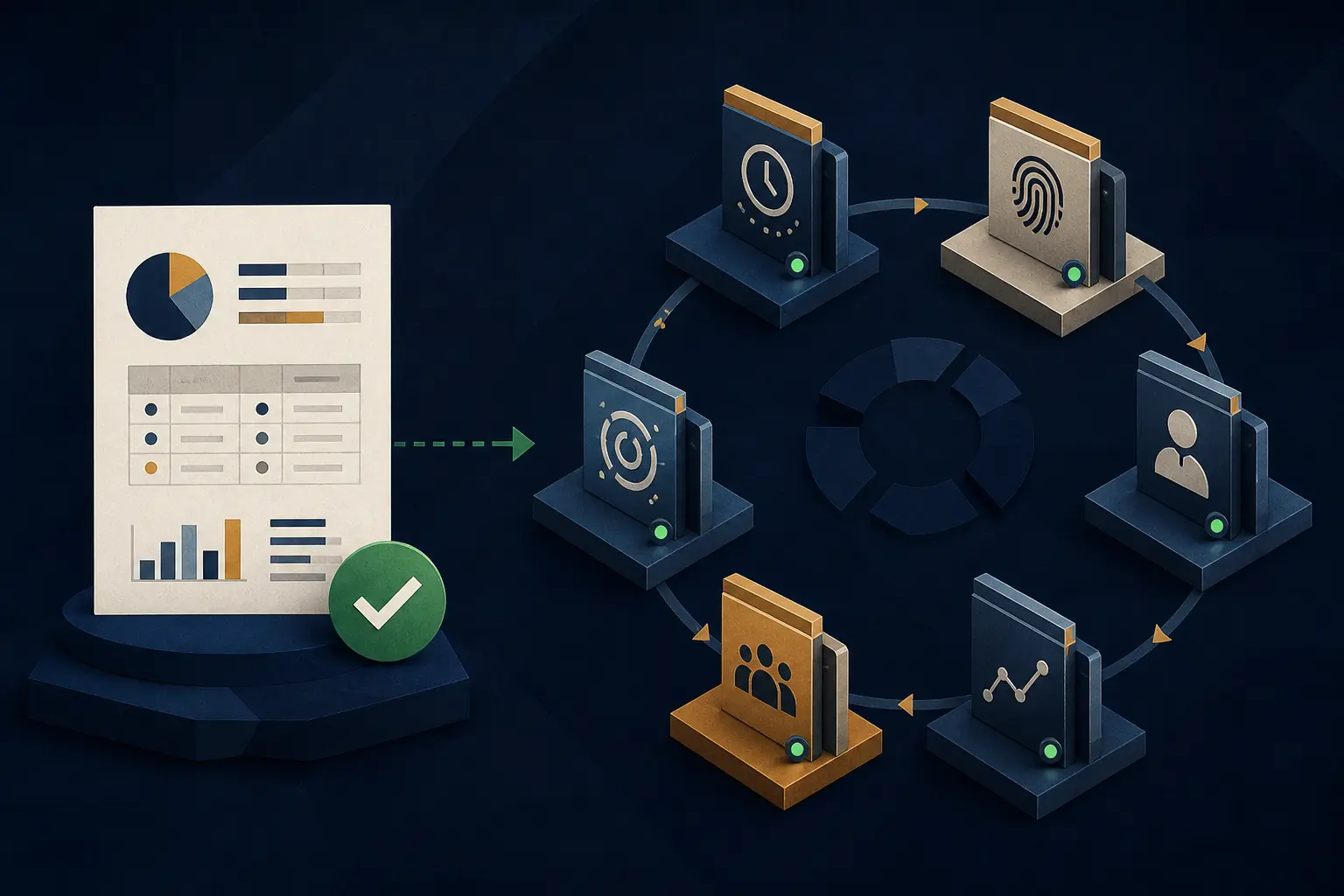 Illustration of a portfolio reporting workflow moving from a clean demo fixture through data, workflow, review, and scope gates.