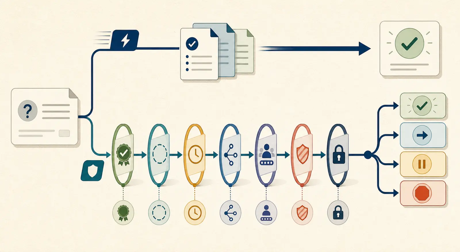 Illustration of the same security questionnaire row taking a permissive demo path and a controlled production path with evidence, scope, review, and submission gates