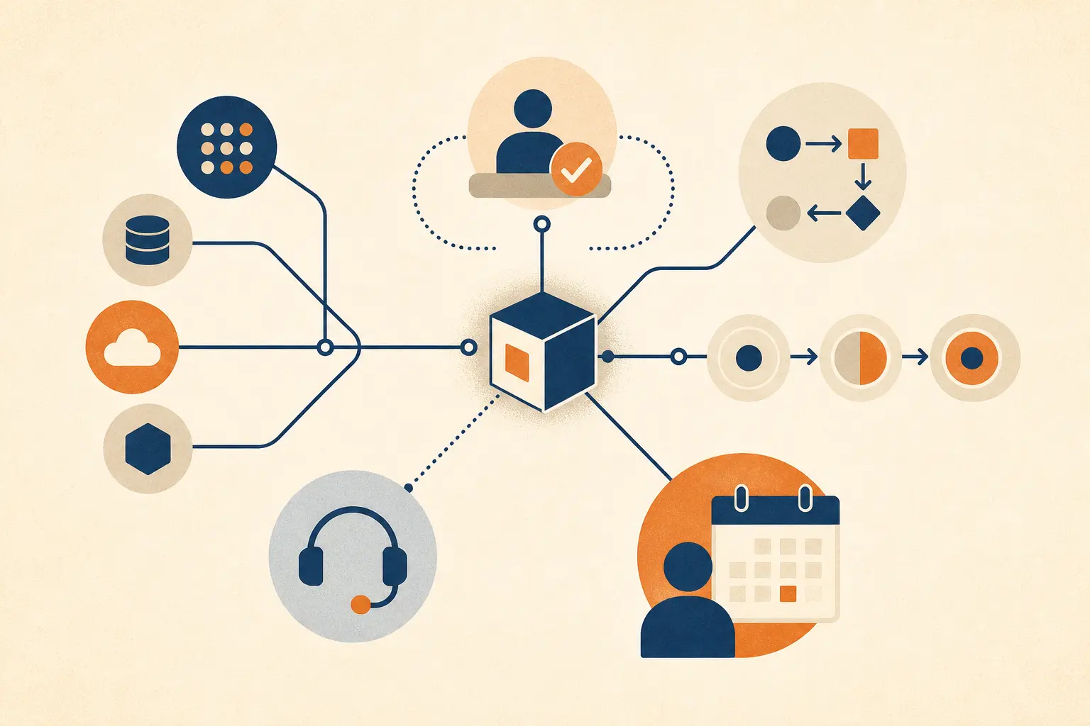 Illustration of an AI implementation estimate expanding from a model feature into connected workflow, adoption, and ownership work