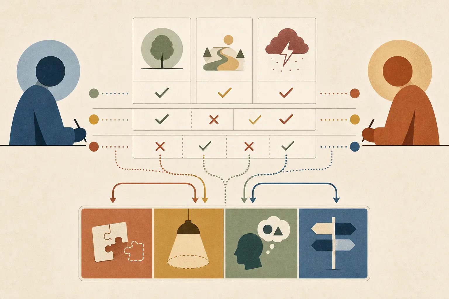 Illustration of an answer-only AI training task changing into a decision record and transfer check