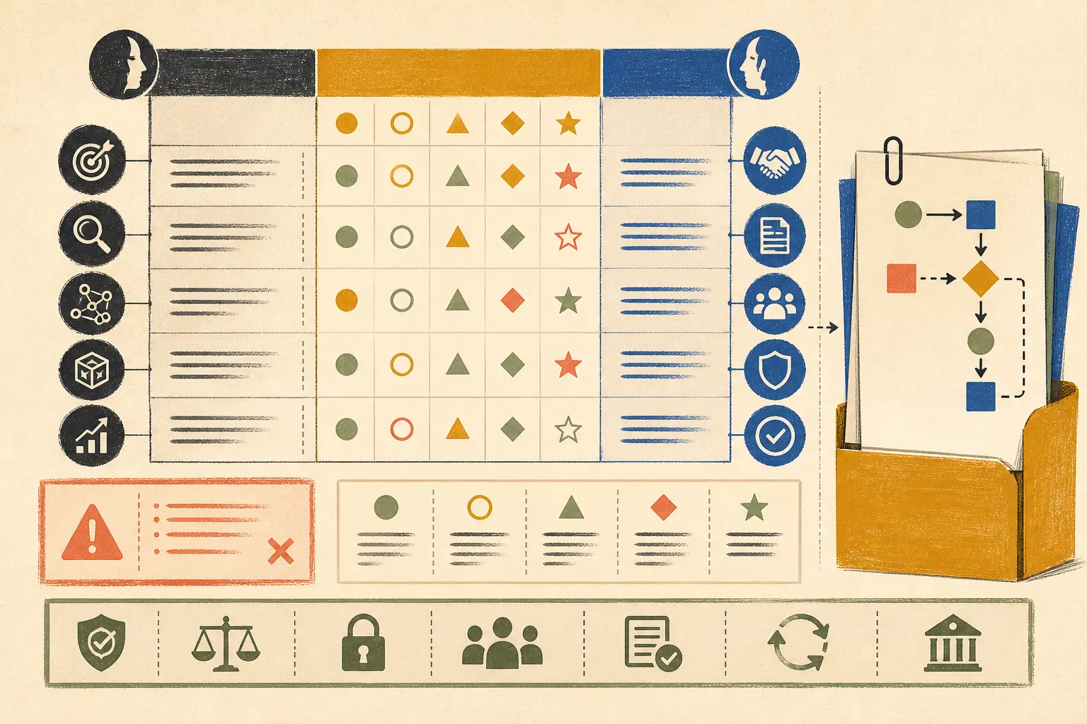 Illustration of a consultant-side handoff packet and a client-side operator running five independence tests