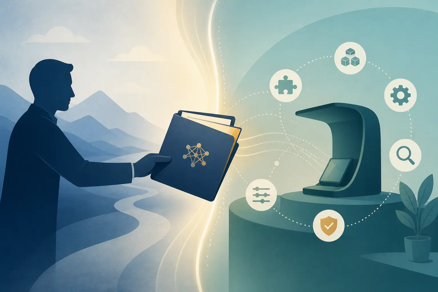 Illustration of a buyer testing an AI consulting handoff for independent client capability
