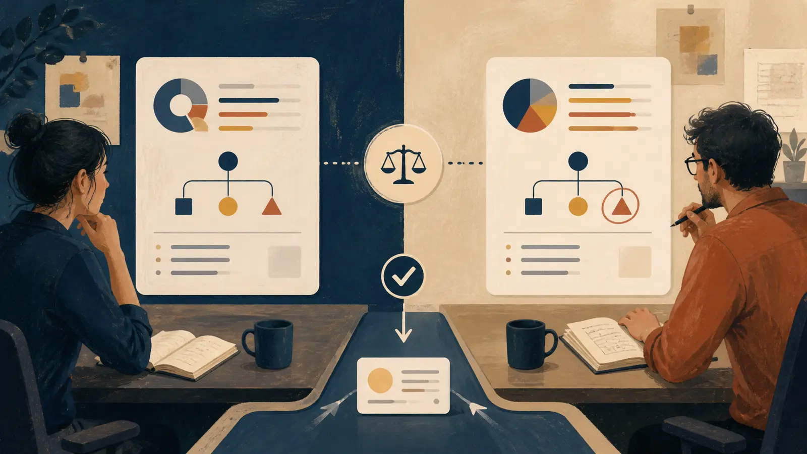 Illustration of an AI learner comparing a copied workflow with a changed transfer case