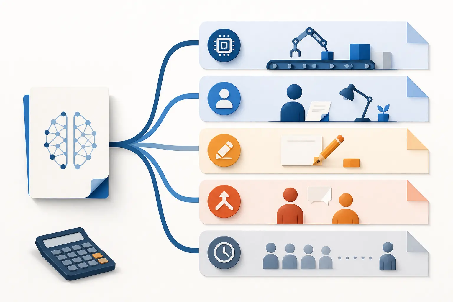 Illustration of an AI workflow estimate split into execution, review, correction, escalation, and waiting time