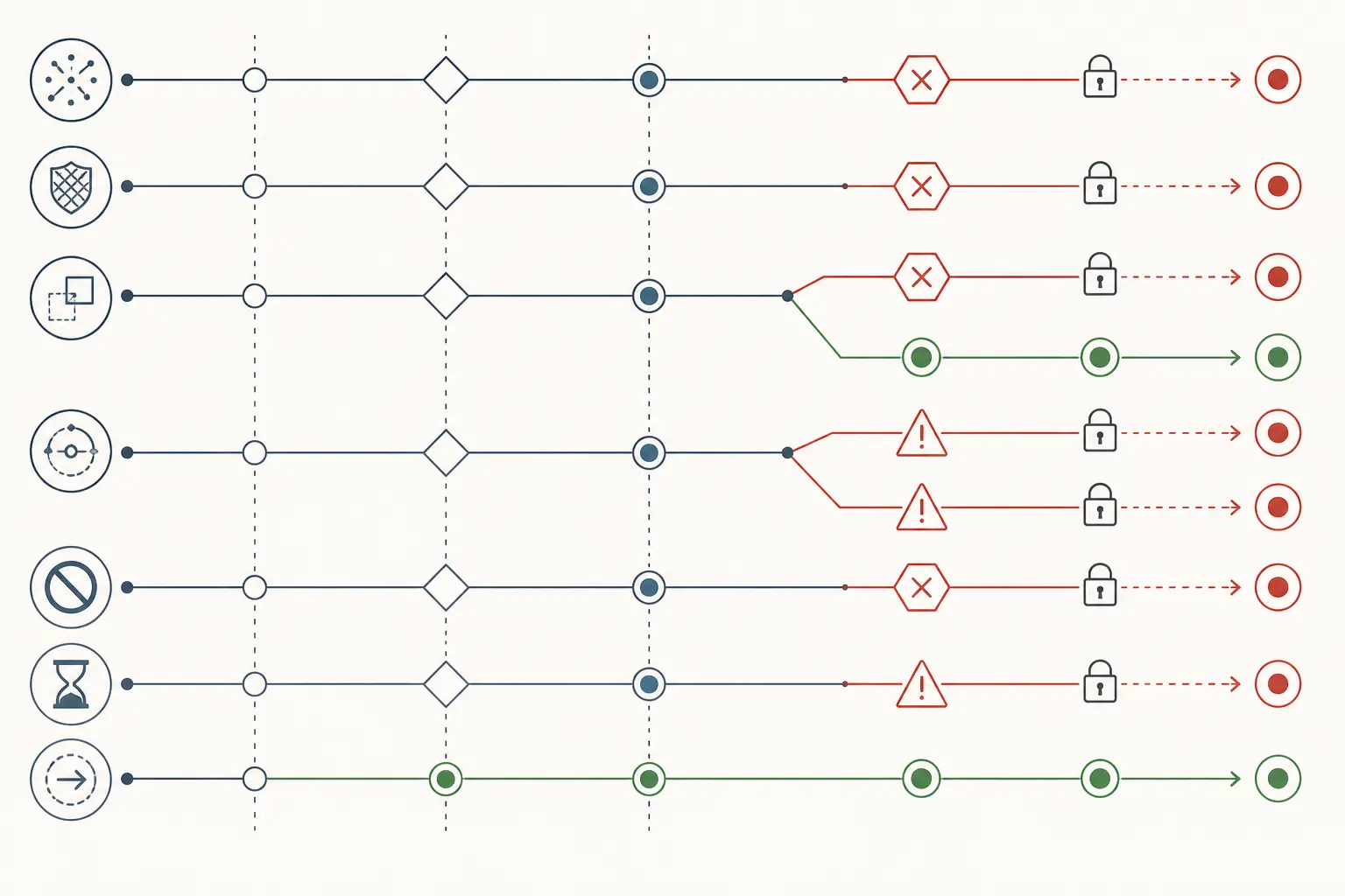 Illustration of an AI preview failure matrix with blocked and revalidated execution paths