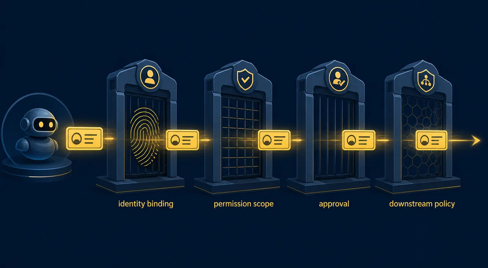 Illustration of an AI access request crossing identity, scope, approval, and downstream policy boundaries