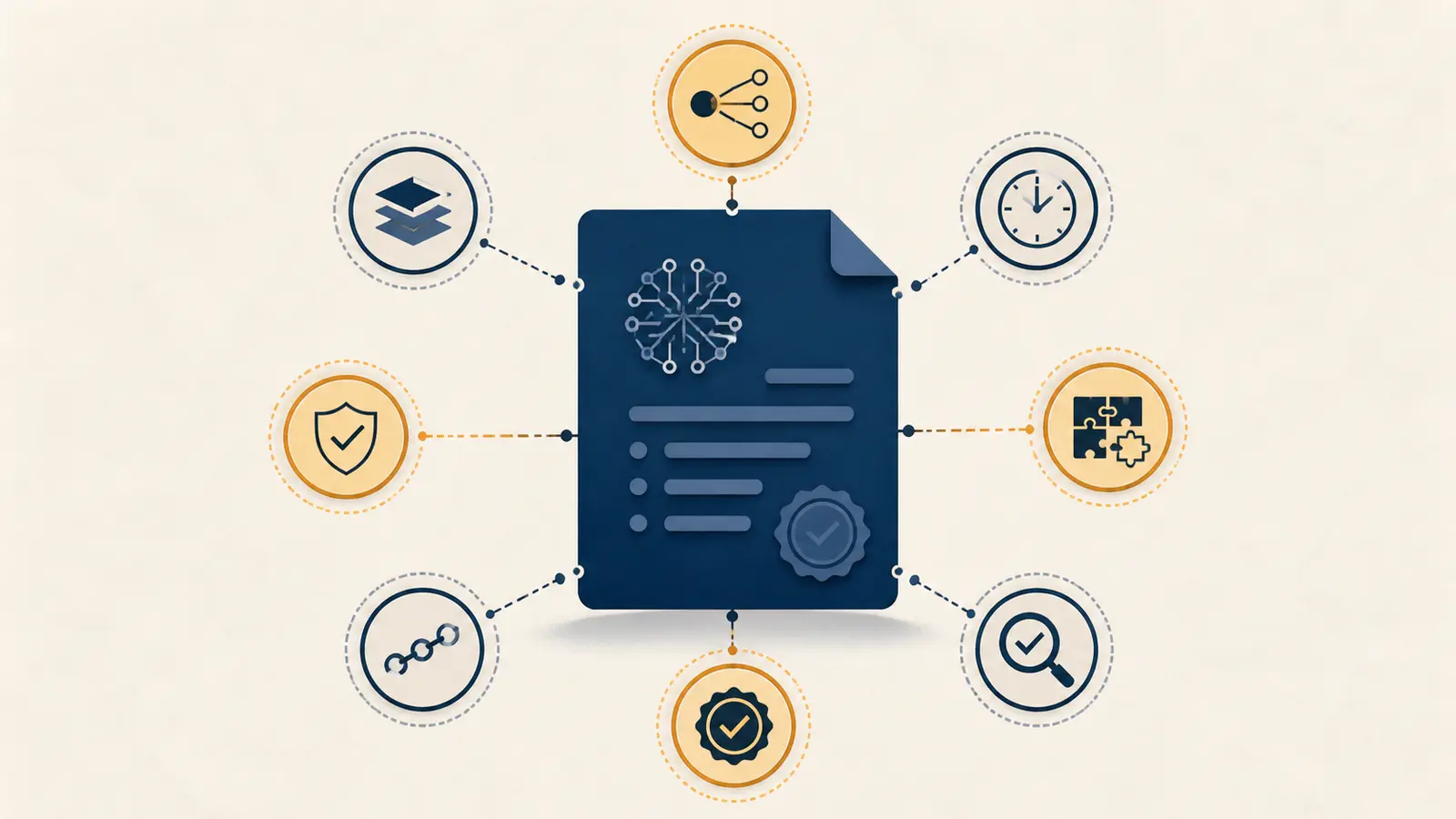 Illustration of a compliance evidence row being checked against source, timestamp, approval, and trace records