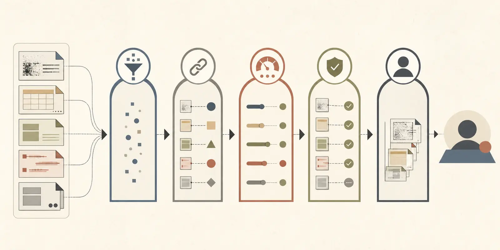 Illustration of a synthetic contract fixture matrix moving through extraction, grounding, validation, and human review