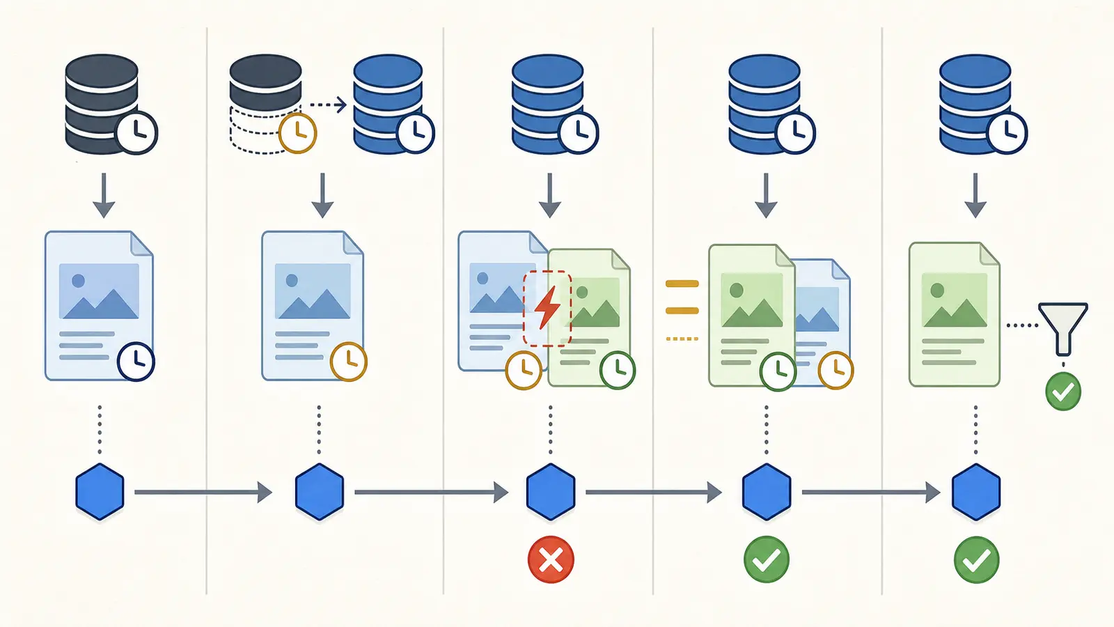 Illustration of five knowledge-base maintenance test states from stale retrieval to a passing regression check