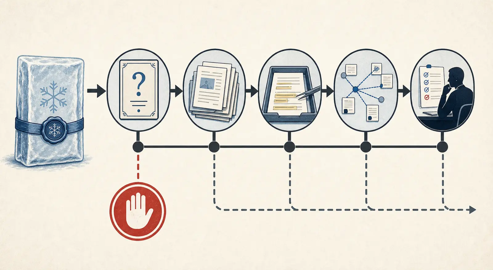 Illustration of a research synthesis workflow split into question definition, retrieval, extraction, attribution, ranking, synthesis, and human review