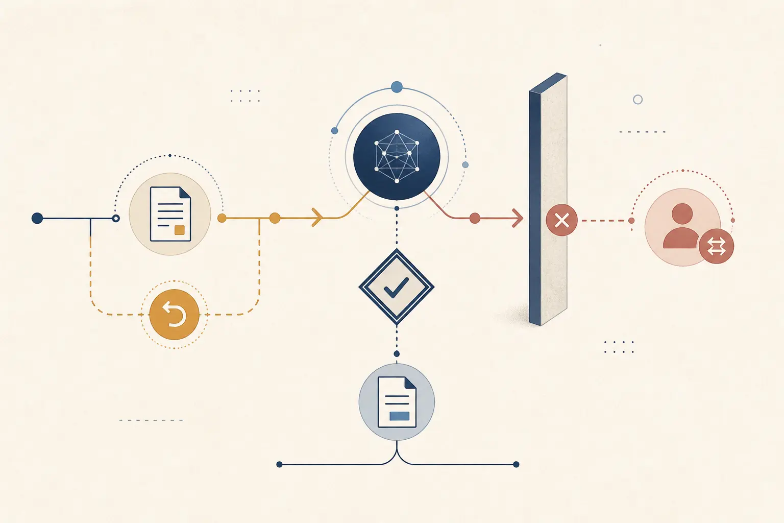 Illustration of a risky AI tool proposal stopping at a shadow-mode approval boundary