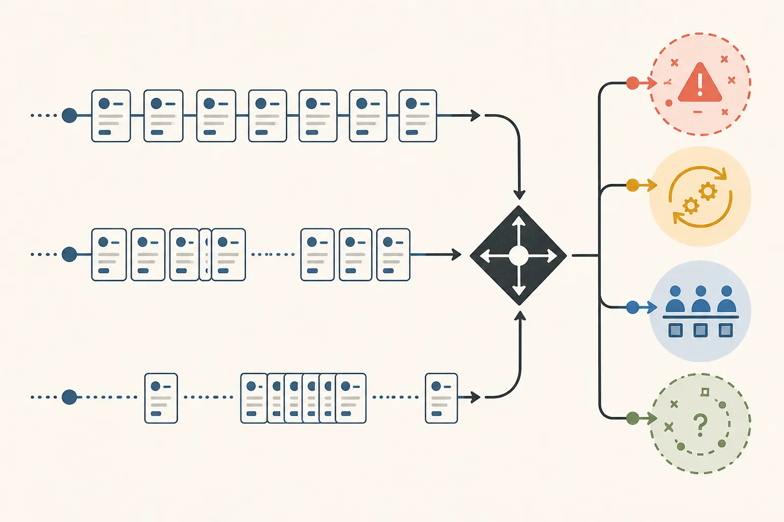 Illustration of a steady, clustered, and burst replay branching into model errors and queue saturation